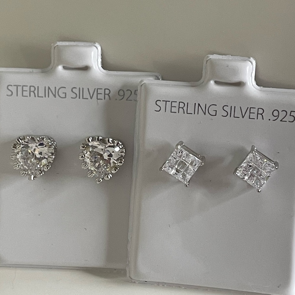 Bundle of 2 Sterling Silver 925 Heart and Square Cluster Push Back CZ Earrings